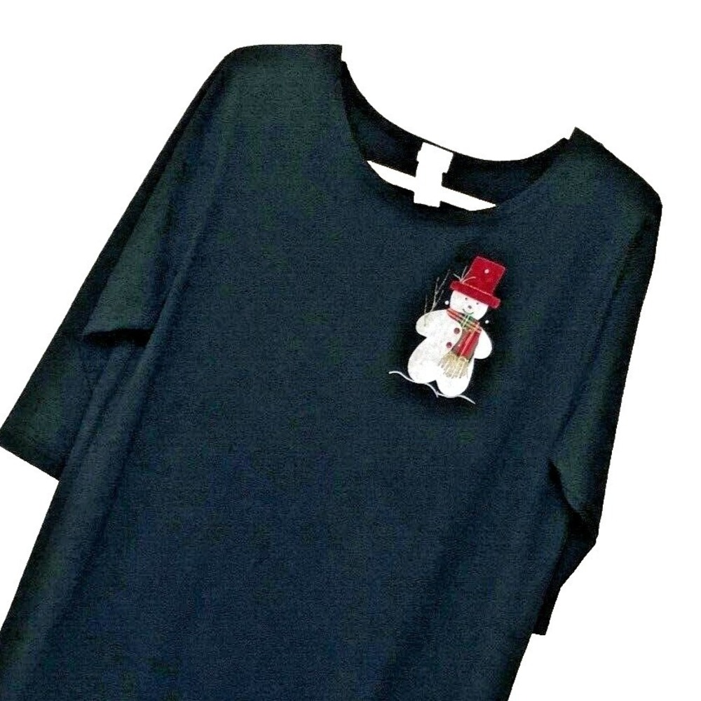 Vintage‎ Black Maxi Snowman Dress Womens L 3/4 Slv USA Embellish Whimsy Holiday
